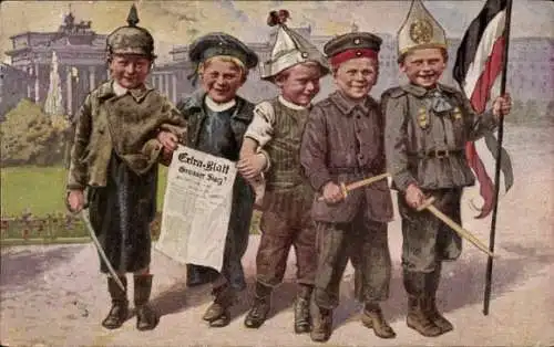 Ak Kinder in Uniformen, Soldaten, Fahne, Zeitung, Extra-Blatt