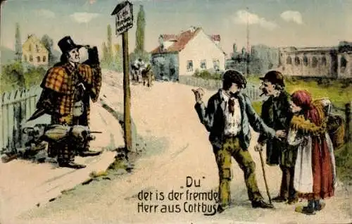 Ak Cottbus Brandenburg, Du det is der fremde Herr aus Cottbus, Straßenpartie, Stadttypen