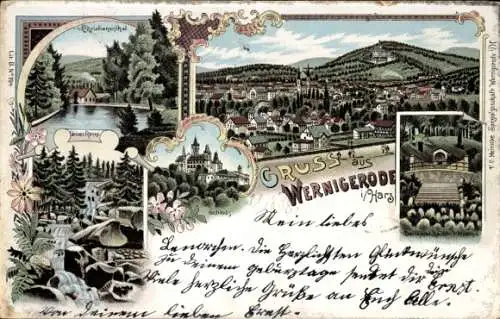 Litho Wernigerode am Harz, Christianenthal, Schloss, Steinerne Renne, Denkmal Kaiser Wilhelm