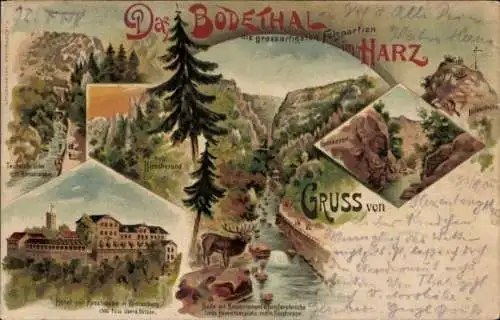 Litho Thale im Harz, Bodetal, Teufelsbrücke, Hirschgrund, Bülowshöhe, Kronentempel, Treseburg