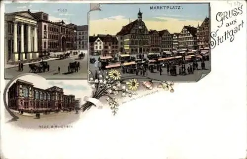 Litho Stuttgart in Württemberg, Neue Bibliothek, Post, Marktplatz