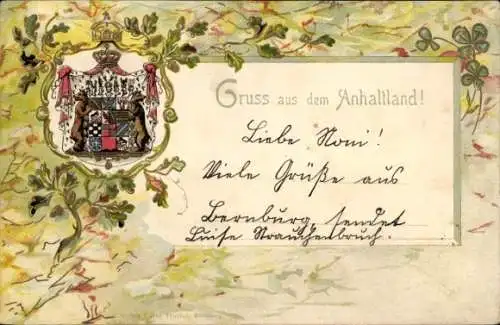 Präge Wappen Litho Anhaltland, Bären, Eichenlaub