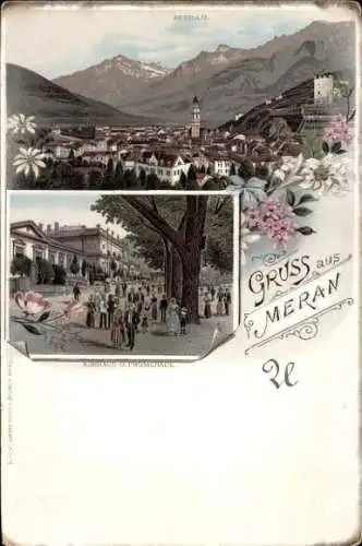 Litho Meran Merano Südtirol, Gesamtansicht, Kurhaus, Promenade