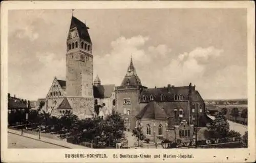 Ak Hochfeld Duisburg im Ruhrgebiet, St. Bonifazius-Kirche, Marien-Hospital