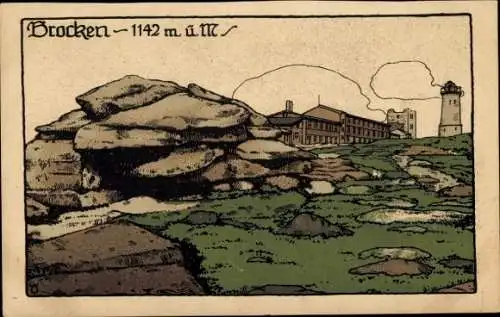 Steindruck Ak Brocken im Harz, Brockenturm, Brockenhotel