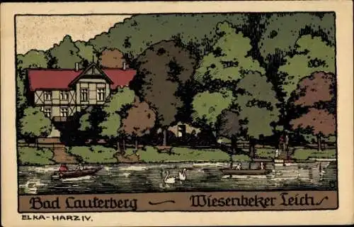 Steindruck Ak Bad Lauterberg im Harz, Wiesenbeker Teich mit Haus