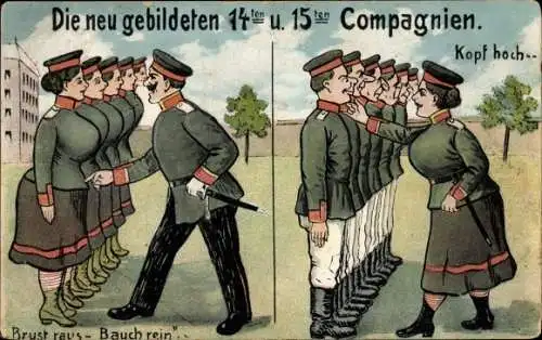 Ak Die neu gebildeten 14. u. 15. Compagnien, Frauen in Uniformen