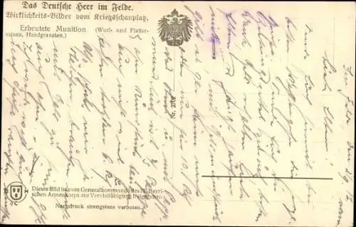 Ak Wirklichkeitsbilder, erbeutete Munition, Wurfminen, Handgranaten, I WK