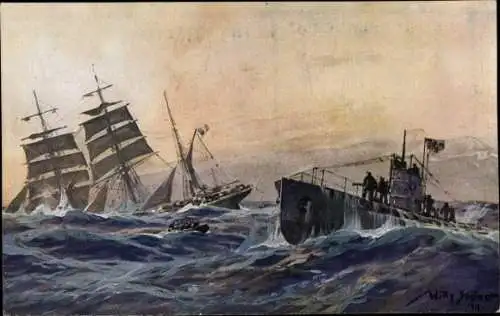 Künstler Ak Stöwer, Willy, Deutsches U Boot versenkt französische Bark, Atlantik, U-Boot Spende 1917