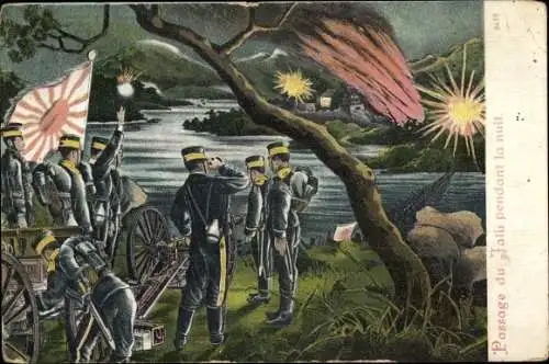 Litho Russisch-Japanischer Krieg, japanische Soldaten, Nachtgefecht