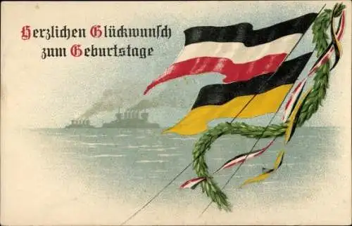 Ak Glückwunsch Geburtstag, Fahnen Deutschland, Österreich, Zweibund, Kriegsschiffe