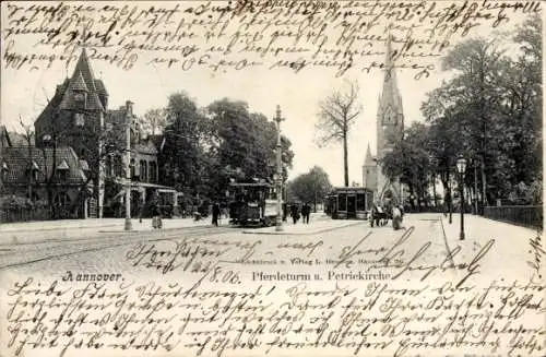 Ak Hannover in Niedersachsen, Petriekirche, Pferdeturm, Straßenbahn