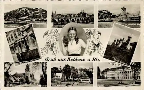 Ak Koblenz am Rhein, Deutsches Eck, Schloss Stolzenfels, Ehrenbreitstein, Moselbrücke, Weindorf