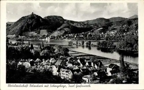 Ak Rolandseck Remagen am Rhein, Blick auf den Ort mit Siebengebirge, Insel Grafenwerth