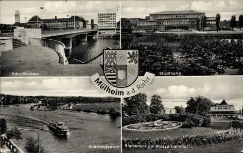 Ak Mülheim an der Ruhr, Blumenuhr am Wasserbahnhof, Schlossbrücke, Stadthalle