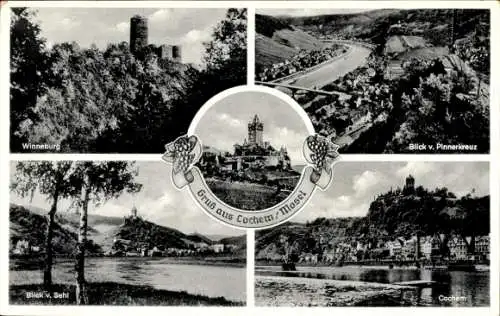 Ak Cochem an der Mosel, Winneburg, Ort, Blick v. Sehl, Blick v. Pinnerkreuz, Burg