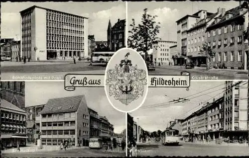 Ak Hildesheim in Niedersachsen, Bahnhofsplatz mit Post, Kaiserstraße, Almstor, Am Huckup