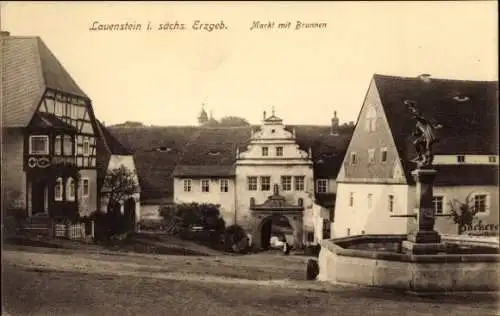 Ak Lauenstein Altenberg im Erzgebirge, Markt mit Brunnen