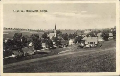 Ak Hermsdorf im Erzgebirge, Totalansicht, Kirche, Felder, Wohnhäuser