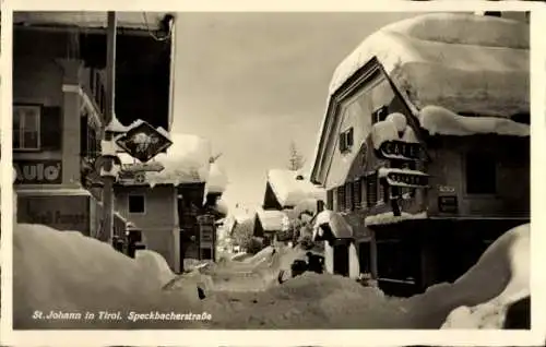 Ak St. Johann Tirol Österreich, Speckbacherstraße im Winterkleid, Agfa Foto