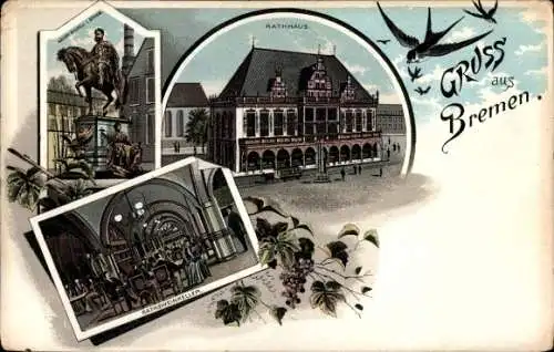 Litho Hansestadt Bremen, Rathaus, Denkmal Kaiser Wilhelm I., Ratsweinkeller