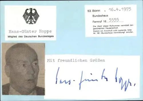 Ak Politiker Hans-Günter Hoppe, Portrait, Autogramm
