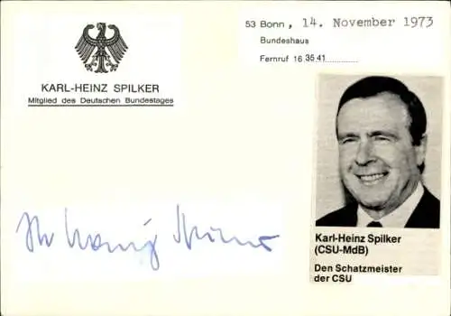 Ak Politiker Karl-Heinz Spilker, Portrait, Autogramm