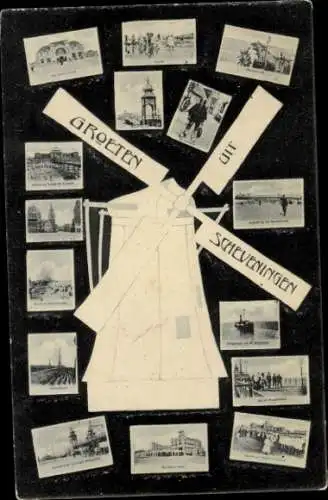 Ak Scheveningen Den Haag Südholland, Windmühle, Strand, Dampfer