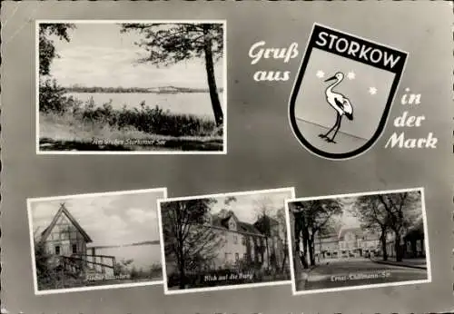 Ak Storkow in der Mark, Wappen, großer Storkower See, Fischerhäuschen, Burg, Ernst-Thälmann-Straße