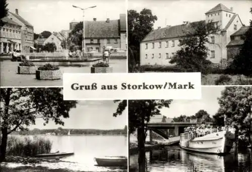 Ak Storkow in der Mark, Salondampfer P 144, Ufer, Marktplatz, Springbrunnen, Schloss