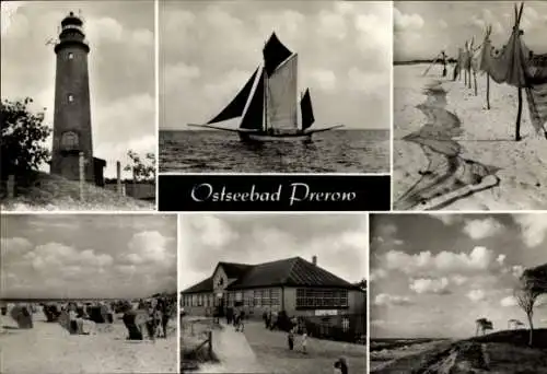 Ak Ostseebad Prerow auf dem Darß, Leuchtturm Darßer Ort, Segelboot, Fischernetze, Strand