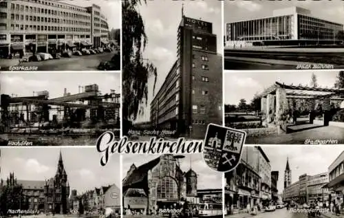 Ak Gelsenkirchen im Ruhrgebiet, Wappen, Sparkasse, Städt. Bühnen, Hochöfen, Stadtgarten, Bahnhof