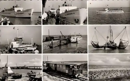 Ak Nordseebad Langeoog Ostfriesland, Langeoog III, Strandansicht, Fischkutter, Boote, Eisenbahn