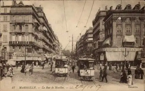 Ak Marseille Bouches du Rhône, Rue de Noailles, Straßenbahn