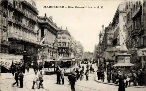 Ak Marseille Bouches du Rhône, Rue Cannebiere, Straßenbahn