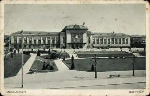 Ak Mülhausen Haut Rhin, Bahnhof, Straßenseite, Parkanlage