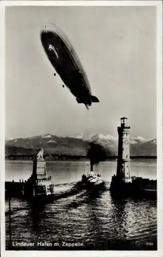 Ak Lindau am Bodensee Schwaben, Hafeneinfahrt, Dampfer, Zeppelin