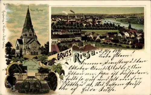 Litho Riesa an der Elbe Sachsen, Kirche, Stadtpark, Panorama