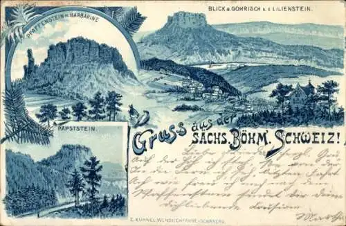 Litho Gohrisch Sächsische Schweiz, Panorama, Lilienstein, Pfaffenstein mit Barbarine, Papststein