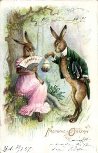 Litho Frohe Ostern, Osterhasen, Osterhase mit Osterei, Osterhäsin mit Fächer