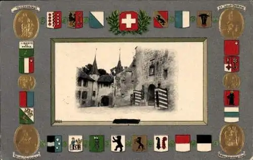 Präge Wappen Passepartout Ak Colombier Kanton Neuenburg Schweiz, Porte du Château