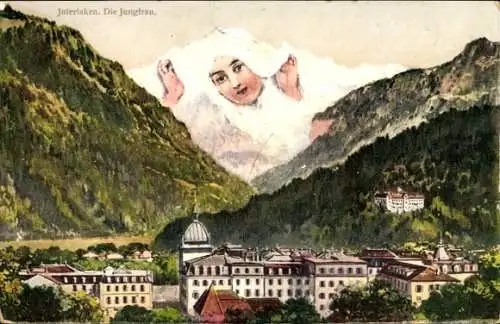 Ak Interlaken Kt. Bern Schweiz, Ort mit Jungfrau, Berggesicht