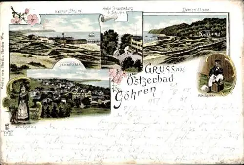 Litho Ostseebad Göhren auf Rügen, Herrenstrand, Damenstrand, Hotel Brandenburg