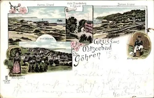 Litho Ostseebad Göhren auf Rügen, Herrenstrand, Damenstrand, Hotel Brandenburg