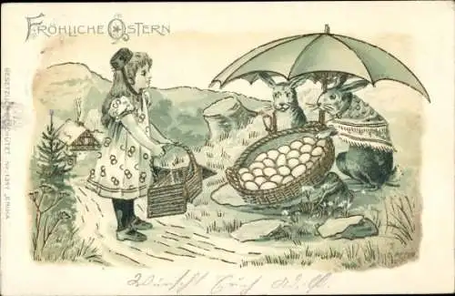 Litho Glückwunsch Ostern, Osterhasen unter einem Schirm, Ostereier, Korb, Mädchen