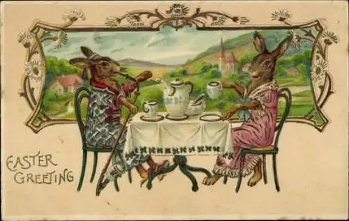 Präge Ak Glückwunsch Ostern, Osterhasen am Tisch, Kaffeetasse, Pfeife