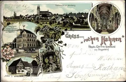 Litho Arenberg Koblenz in Rheinland Pfalz, Gasthaus zum roten Hahnen, Kirche, Gesamtansicht