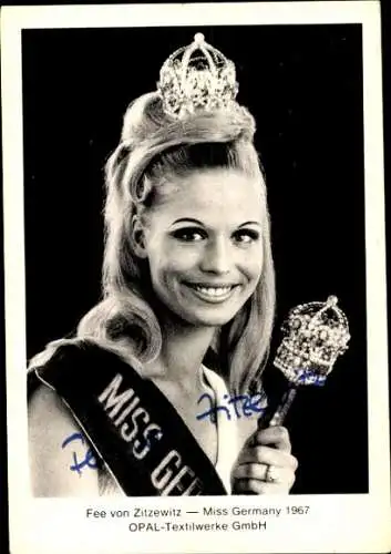 Ak Fee von Zitzewitz, Miss Germany 1967, Opal Textilwerke GmbH, Portrait, Autogramm