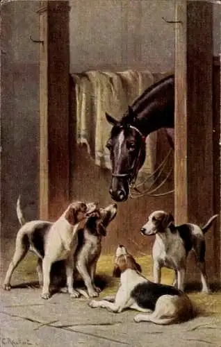 Künstler Ak Reichert, C., Pferdestall, Jagdhunde, Pferd