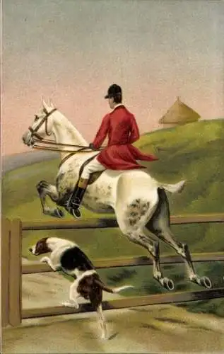 Ak Mann zu Pferde, Jagdhund, Pferd springt über Zaun